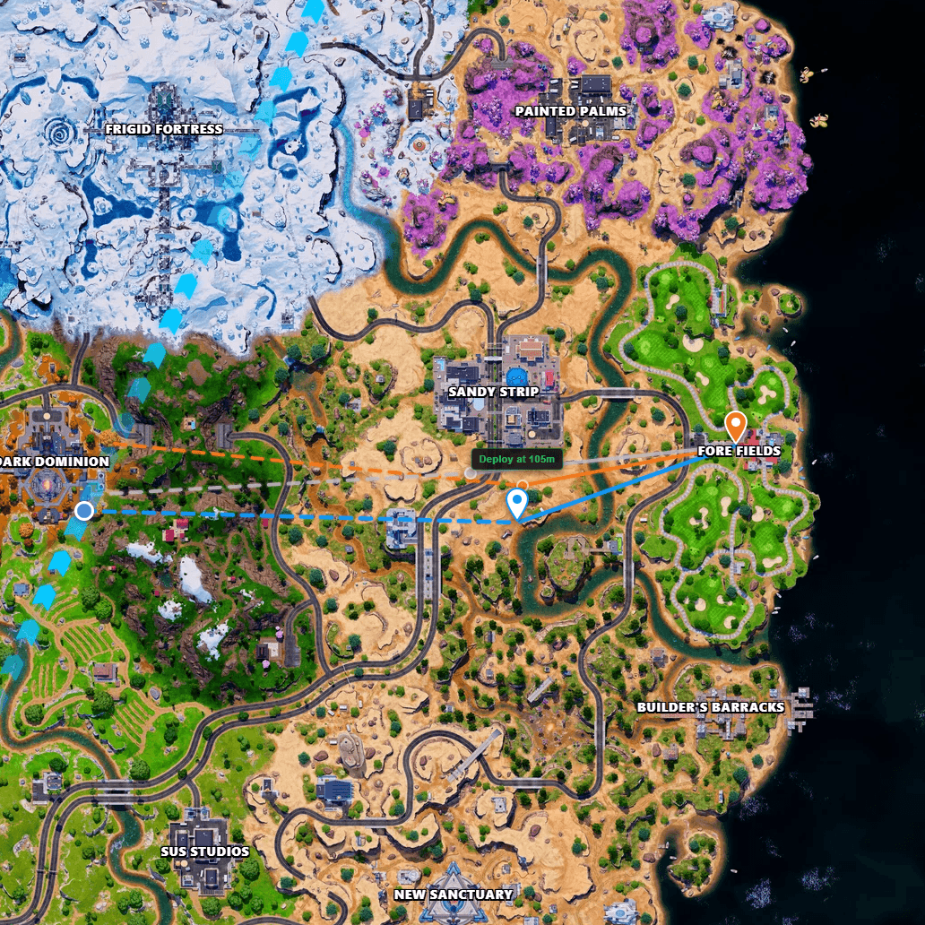 NA Drops landing calculator showing a plotted route on the Fortnite map.